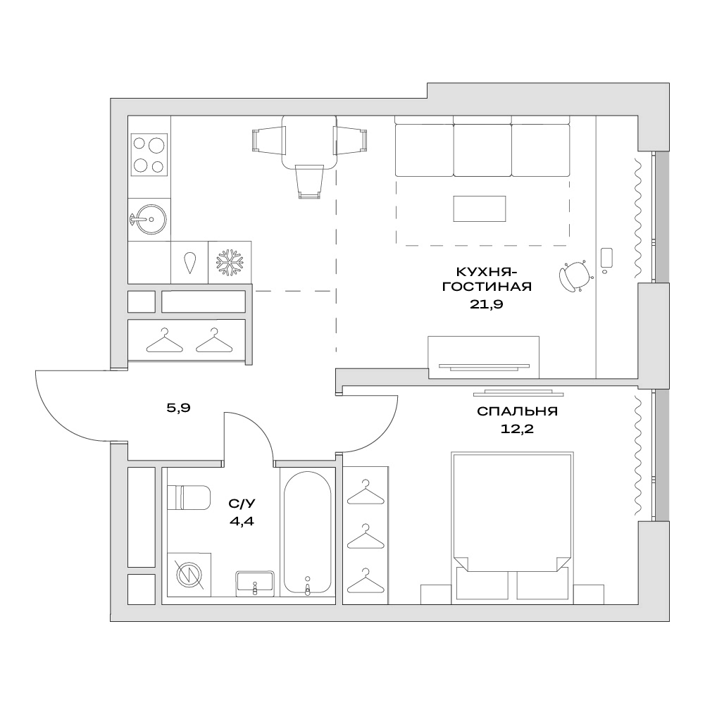 2-комн., 44.4 м², 12/22 этаж, ЖК «Детали»