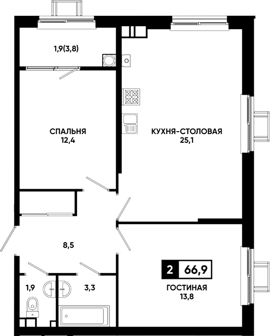 2-комн., 65 м², 8/23 этаж, ЖК «Резиденция Софи»