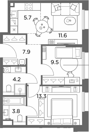 3-комн., 56 м², 3/6 этаж, ЖК «Станиславский»