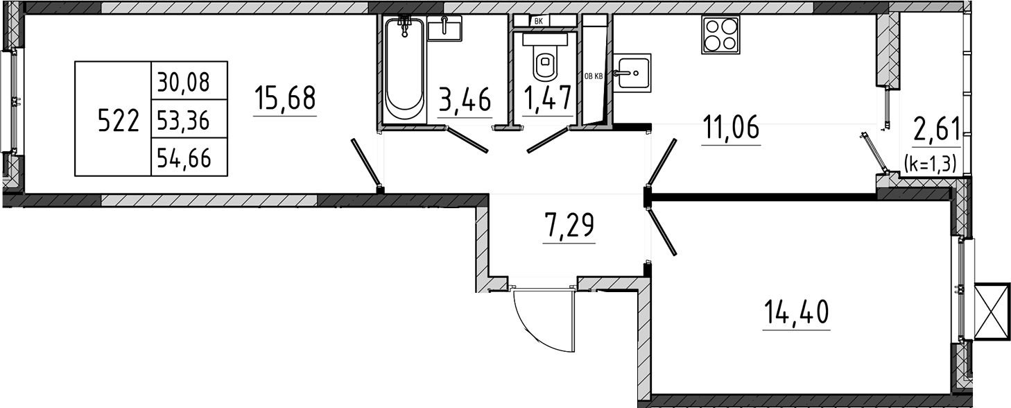 2-комн., 53.36 м², 6/17 этаж, ЖК «Поварово-Молодежный-2»