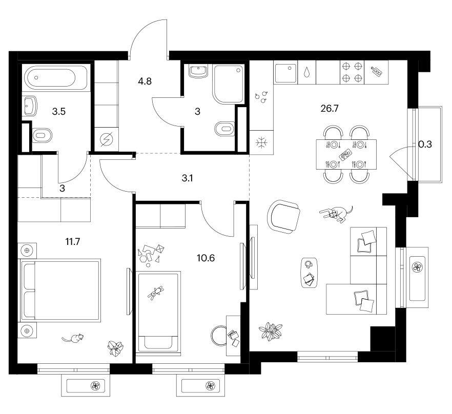 2-комн., 66.4 м², 11/25 этаж, ЖК «Ярославский»