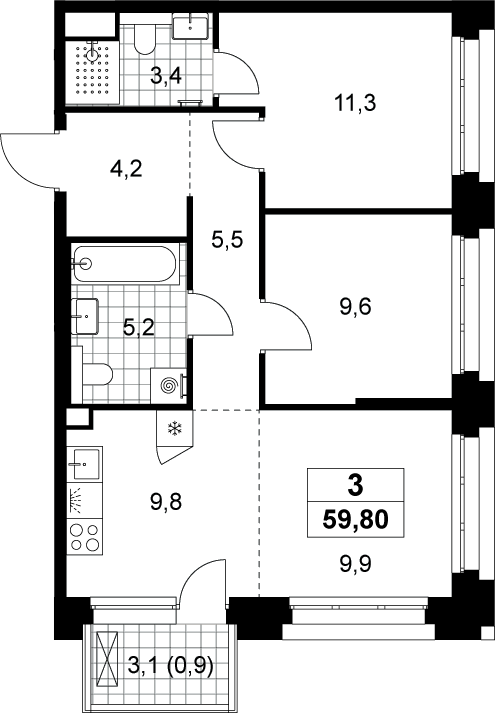3-комн., 58.9 м², 2/13 этаж, ЖК «Хольм»