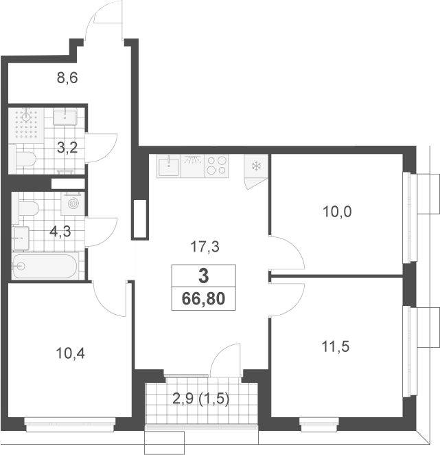 4+ комнаты, 65.3 м², 12/17 этаж, ЖК «Скандинавия»