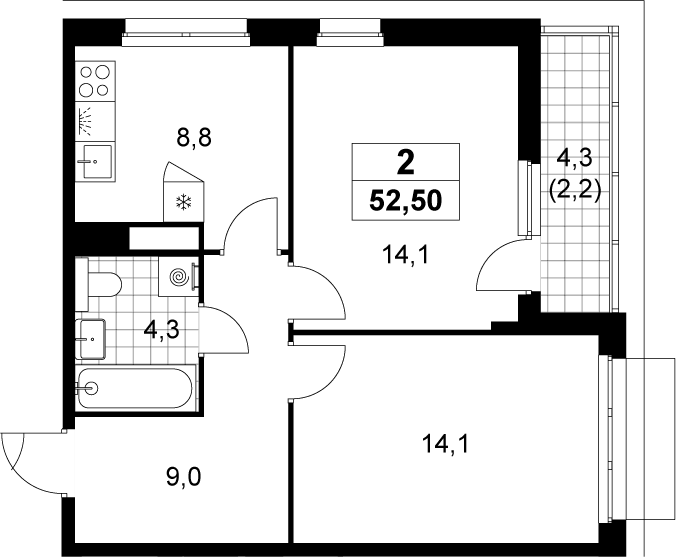 2-комн., 50.3 м², 6/15 этаж, ЖК «Деснаречье»