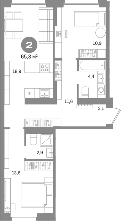 2-комн., 65.4 м², 4/8 этаж, ЖК «Первый квартал. Вторая очередь»