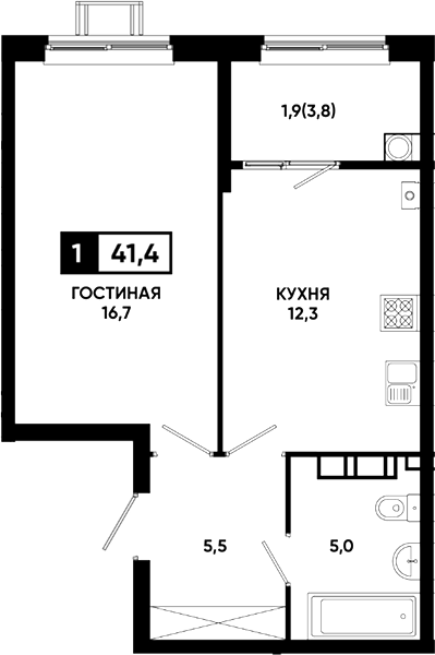 1-комн., 39.5 м², 3/23 этаж, ЖК «Резиденция Софи»