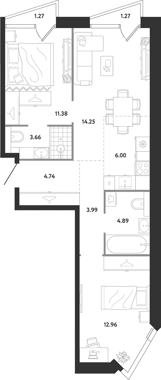 2-комн., 61.87 м², 7/12 этаж, ЖК «Ридж»