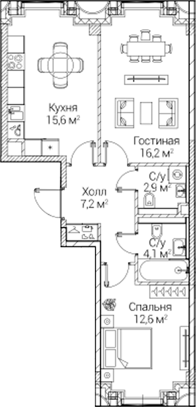 2-комн., 58.28 м², 6/6 этаж, ЖК «СЕЗАР БУДУЩЕЕ»