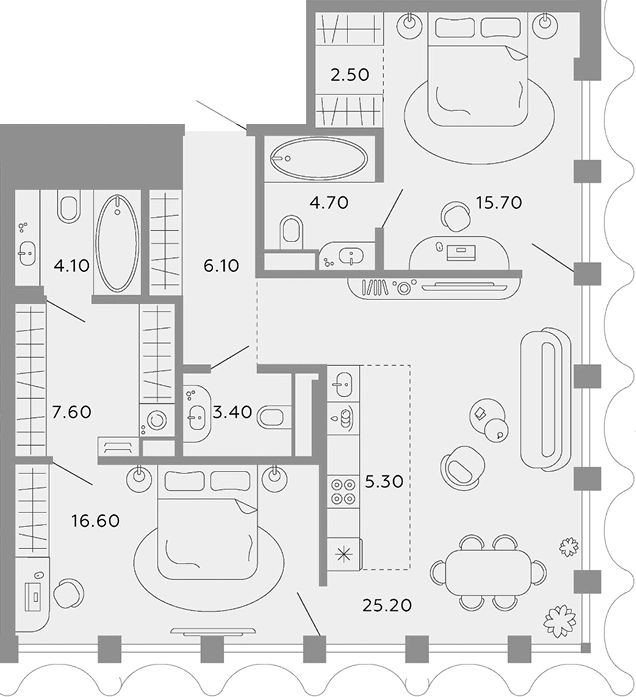 3-комн., 91.2 м², 2/12 этаж, ЖК «Тессинский, V»