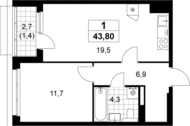 2-комн., 42.4 м², 16/19 этаж, ЖК «Деснаречье»