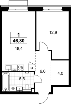 2-комн., 46.8 м², 2/8 этаж, ЖК «Хольм»