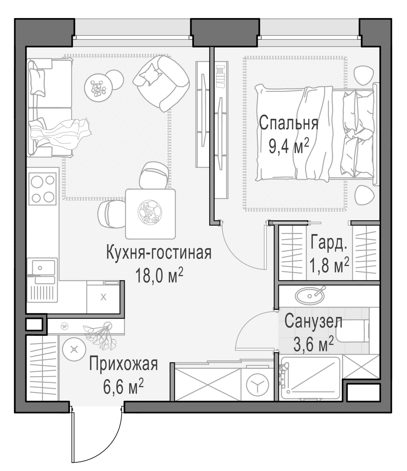 2-комн., 39.3 м², 16/23 этаж, ЖК «Белый Град»
