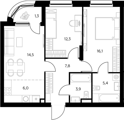 3-комн., 66.7 м², 6/43 этаж, ЖК «Адмирал»