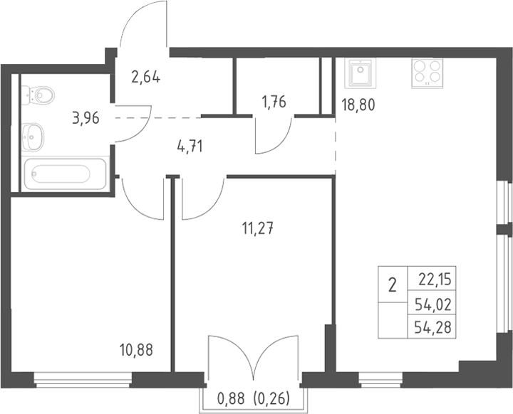 3-комн., 54.02 м², 6/12 этаж, ЖК «Егорово парк»