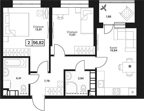 2-комн., 54.96 м², 3/17 этаж, ЖК «Пушкино Град»