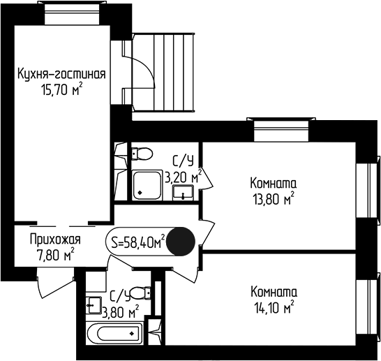 2-комн., 58.4 м², 1/3 этаж, ЖК «Пение Птиц»