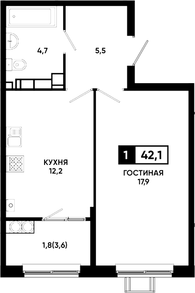 1-комн., 40.3 м², 16/23 этаж, ЖК «Резиденция Софи»