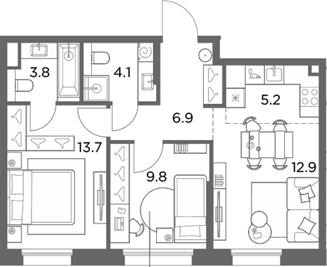 3-комн., 56.4 м², 6/6 этаж, ЖК «Станиславский»