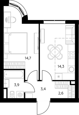 1-комн., 39.4 м², 6/43 этаж, ЖК «Адмирал»