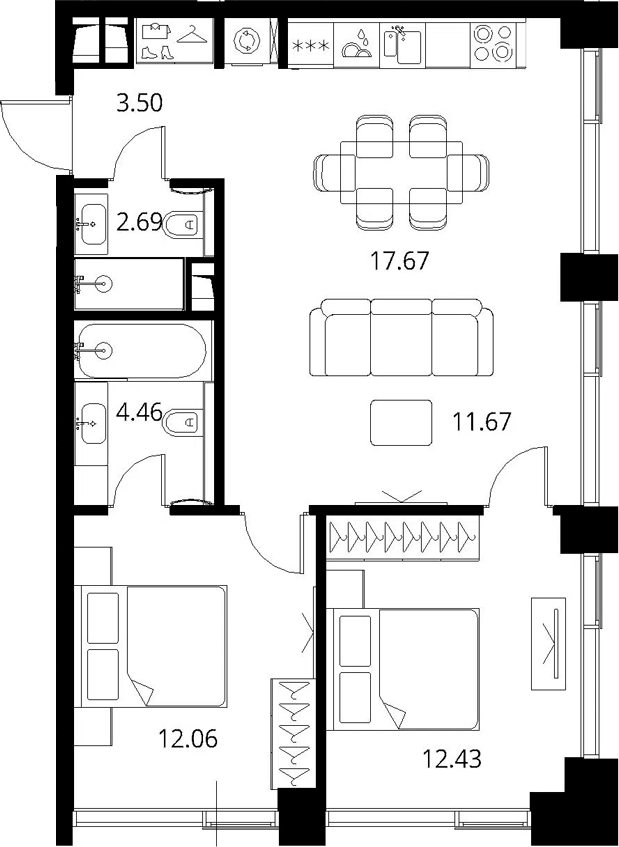 3-комн., 64.48 м², 3/10 этаж, ЖК «Сити Бэй»