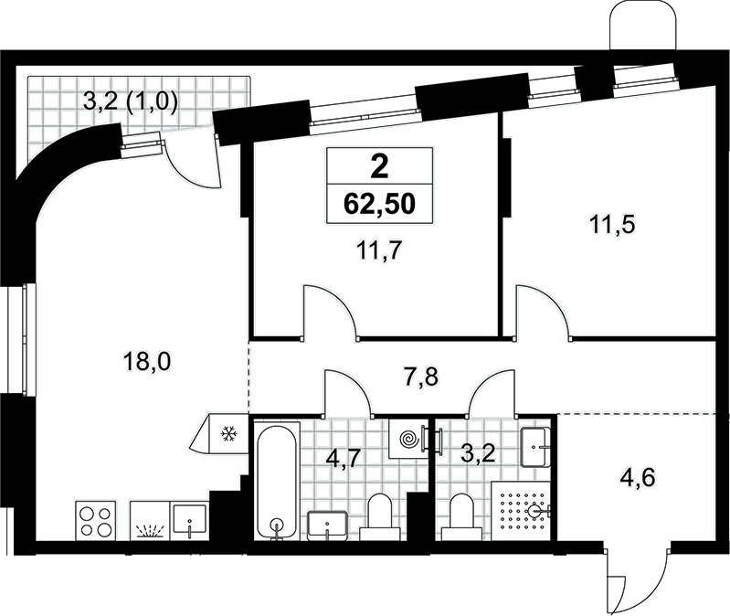 3-комн., 61.5 м², 5/6 этаж, ЖК «Прокшино»