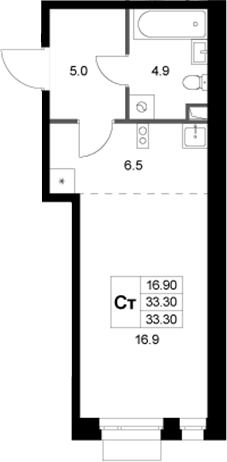 Студия, 33.3 м², 1/3 этаж, ЖК «Кореневский Форт 2.3»