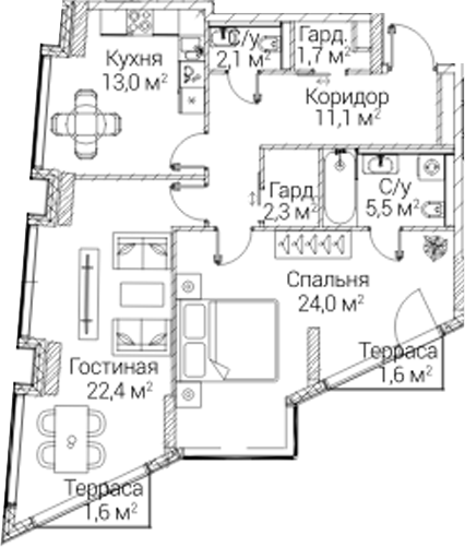 2-комн., 79.76 м², 2/12 этаж, ЖК «СЕЗАР БУДУЩЕЕ»