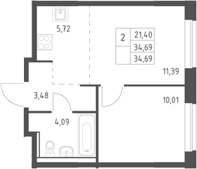 2-комн., 34.69 м², 16/17 этаж, ЖК «Егорово парк»