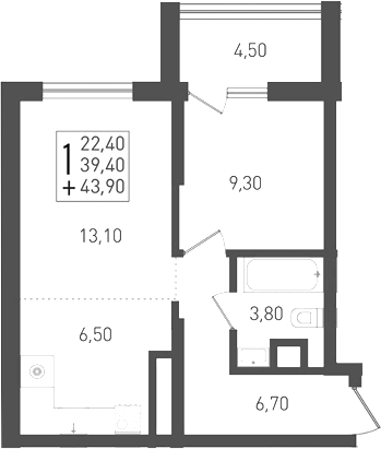 2-комн., 39.4 м², 5/8 этаж, ЖК «Югге»