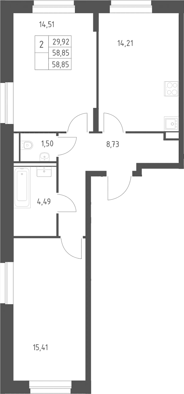 2-комн., 58.85 м², 7/24 этаж, ЖК «Квартал Строгино»