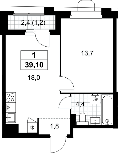 2-комн., 37.9 м², 6/7 этаж, ЖК «Прокшино»