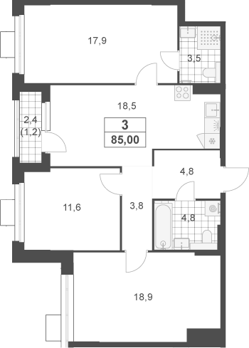 4+ комнаты, 83.8 м², 21/23 этаж, ЖК «Южные сады»