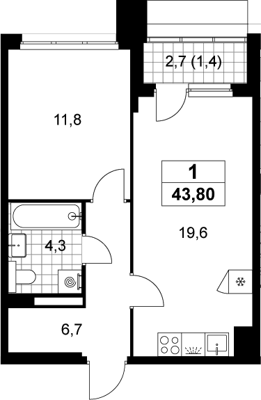 2-комн., 42.4 м², 3/15 этаж, ЖК «Деснаречье»