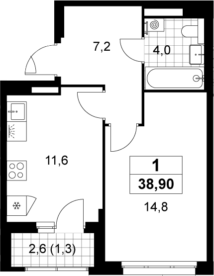 1-комн., 37.6 м², 3/12 этаж, ЖК «Деснаречье»