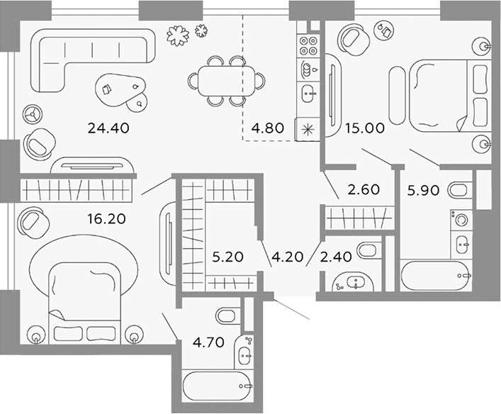 3-комн., 85.4 м², 2/5 этаж, ЖК «Тессинский, V»