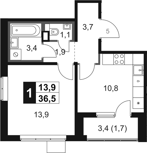 1-комн., 34.8 м², 6/8 этаж, ЖК «1-й Химкинский»
