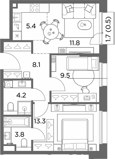 3-комн., 56.1 м², 4/6 этаж, ЖК «Станиславский»
