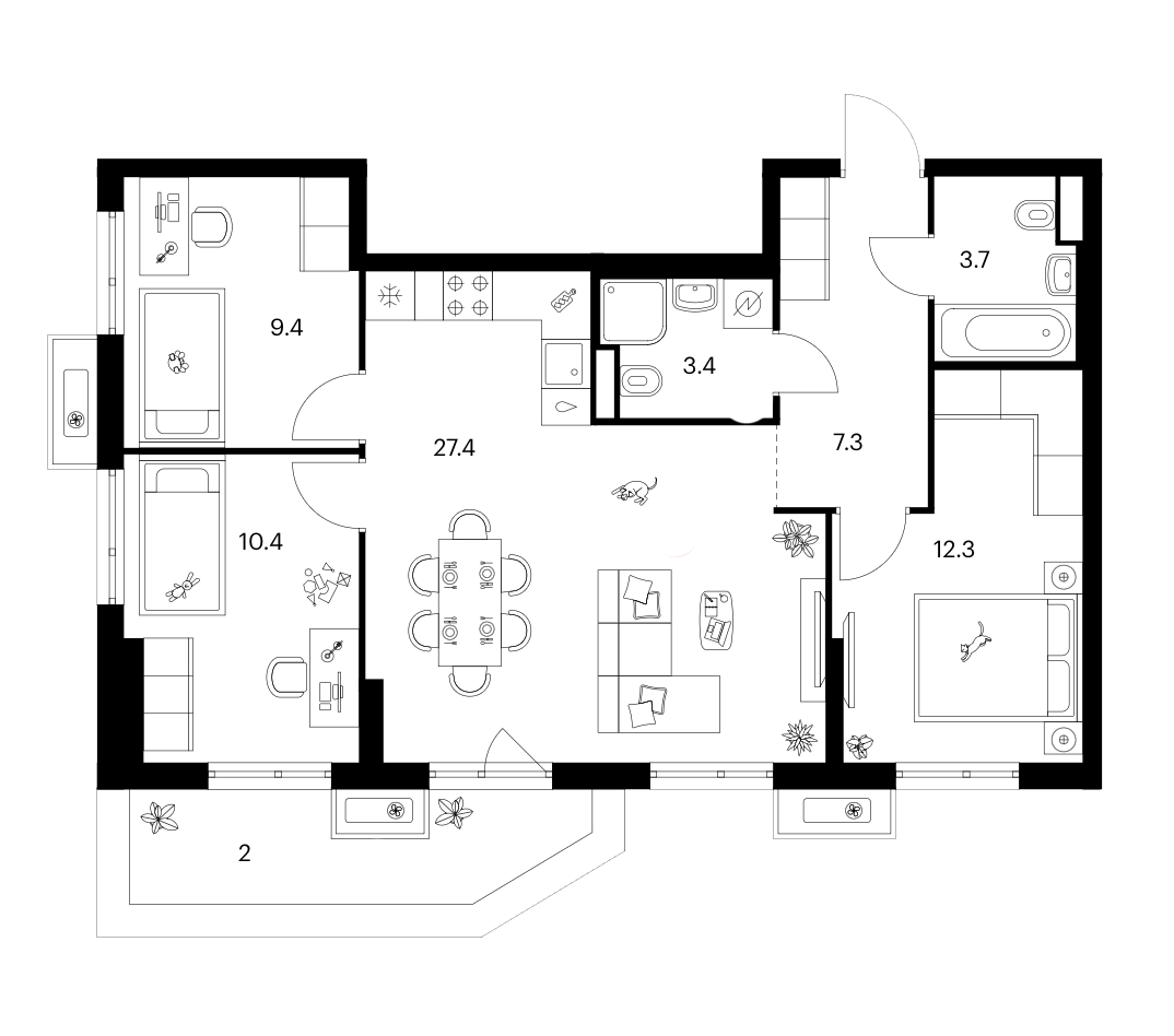 3-комн., 73.9 м², 9/12 этаж, ЖК «Зеленый парк»