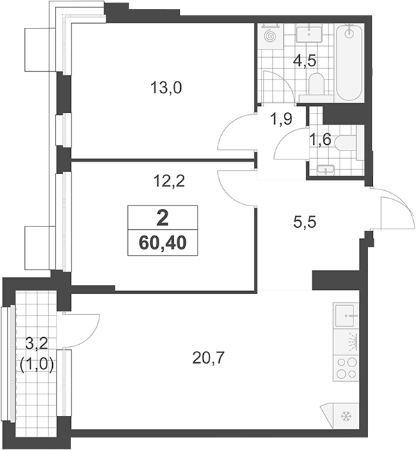 3-комн., 59.4 м², 18/19 этаж, ЖК «Южные сады»