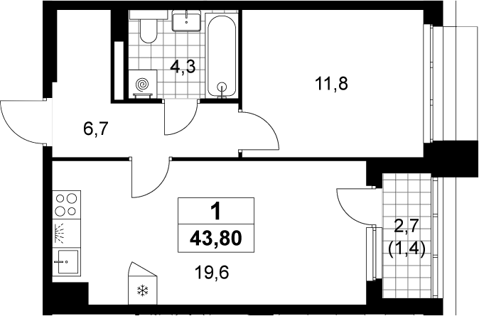 2-комн., 42.4 м², 9/15 этаж, ЖК «Деснаречье»