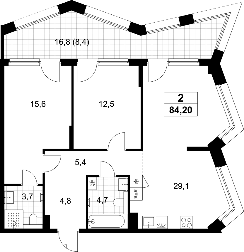 3-комн., 75.8 м², 3/7 этаж, ЖК «Хольм»