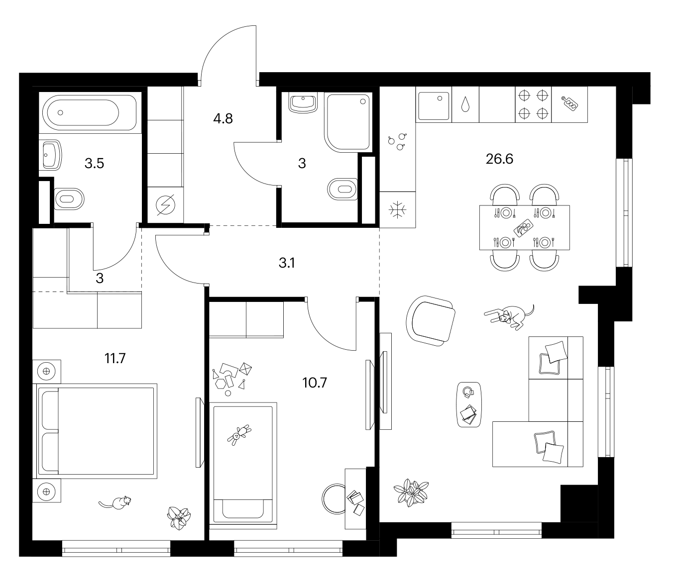 2-комн., 66.4 м², 23/25 этаж, ЖК «Ярославский»