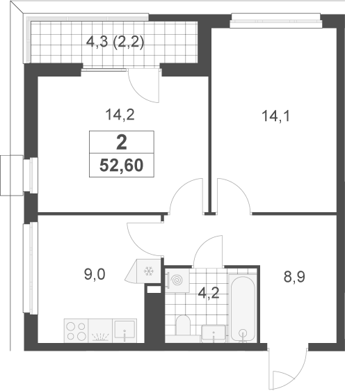 2-комн., 50.4 м², 14/17 этаж, ЖК «Скандинавия»