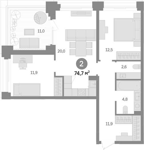 2-комн., 63.7 м², 39/43 этаж, ЖК «Квартал Издание»