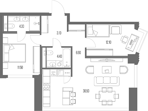 2-комн., 72.8 м², 27/54 этаж, ЖК «Северный Порт»