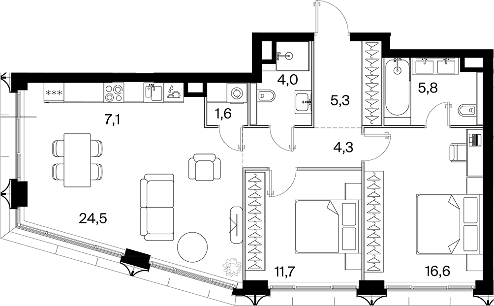 3-комн., 80.7 м², 8/14 этаж, ЖК «26 ПАРКВЬЮ»