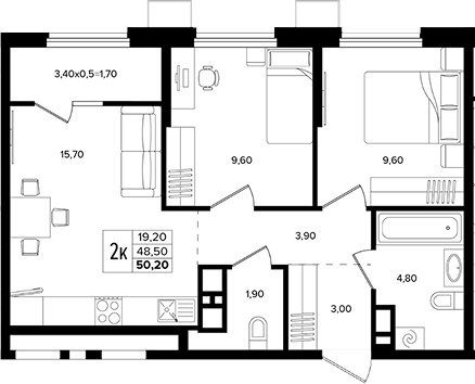 3-комн., 48.5 м², 9/15 этаж, ЖК «Лермонтов Парк»