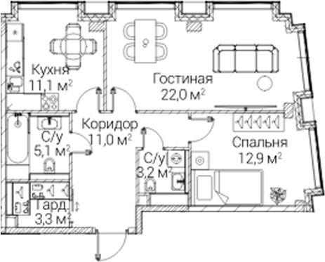 2-комн., 68.6 м², 5/12 этаж, ЖК «СЕЗАР БУДУЩЕЕ»