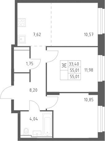 3-комн., 55.01 м², 3/24 этаж, ЖК «Квартал Строгино»