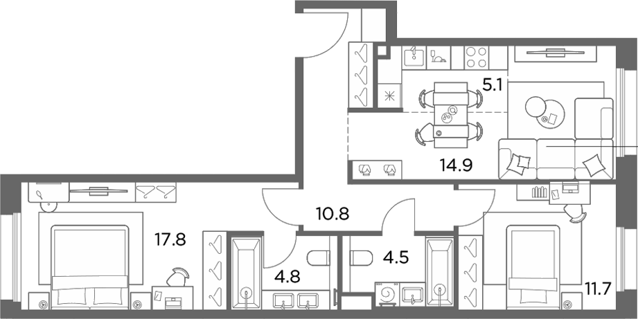 3-комн., 69.6 м², 3/6 этаж, ЖК «Станиславский»